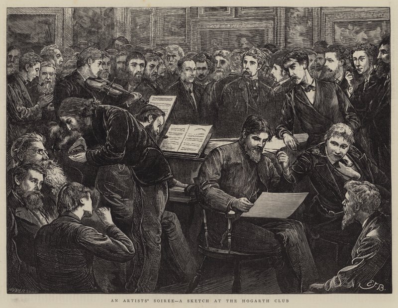 En kunstnersoiree, en skitse i Hogarth Club af Edward Frederick Brewtnall