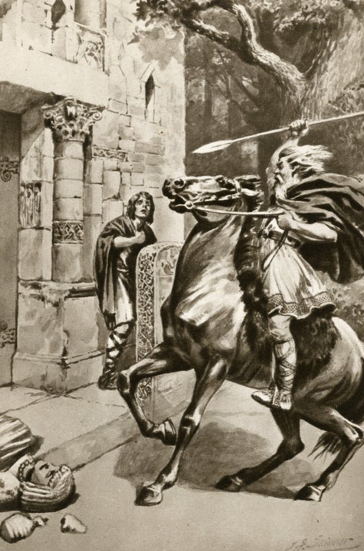 Ypperstepræsten Coifi rider op ad Goodmanham Lane for at smadre afguderne, illustration fra 