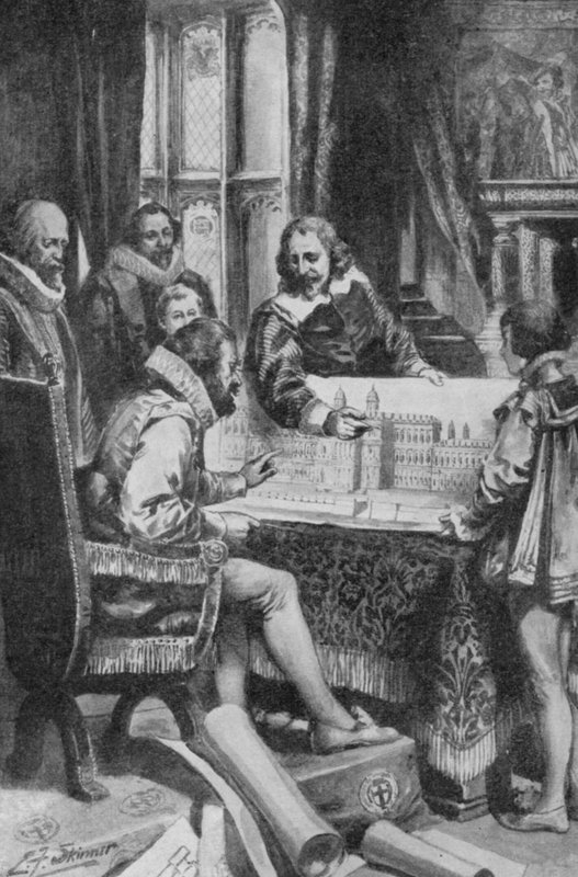 Inigo Jones viser sine planer om at genopbygge Whitehall til kong James I (litografi) af Edward Frederick Skinner
