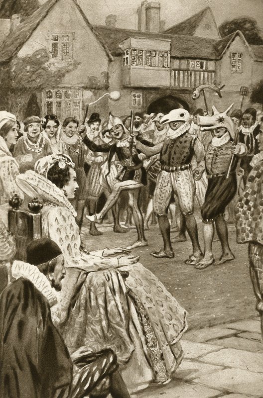 Dronning Ellizabeth I bliver underholdt af gøglere (litho) af Edward Frederick Skinner