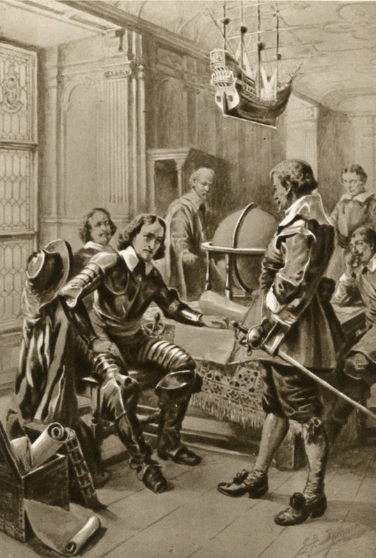 Robert Blake besøger Oliver Cromwell i rådssalen i Whitehall (litografi) af Edward Frederick Skinner