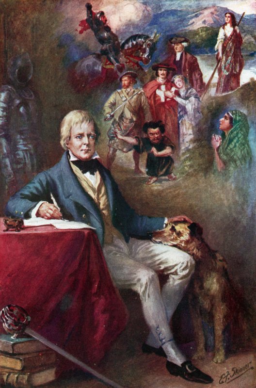 Sir Walter Scott og nogle af hans mest berømte værker (farvelitografi) af Edward Frederick Skinner