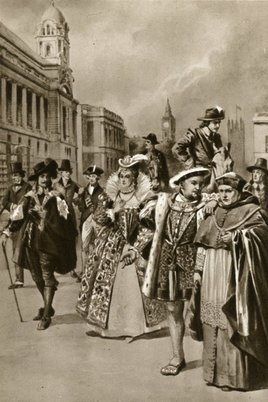 Londons gader: Kong Charles I, dronning Elizabeth I, kong Henry VIII, kardinal Wolsey (litografi) af Edward Frederick Skinner