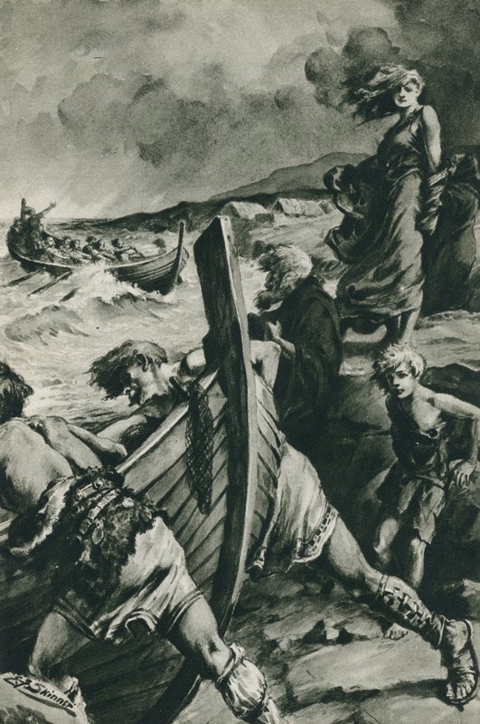 Vikingerne, der sejlede ud fra Norges fjorde og fandt Amerika længe før Columbus (litografi) af Edward Frederick Skinner