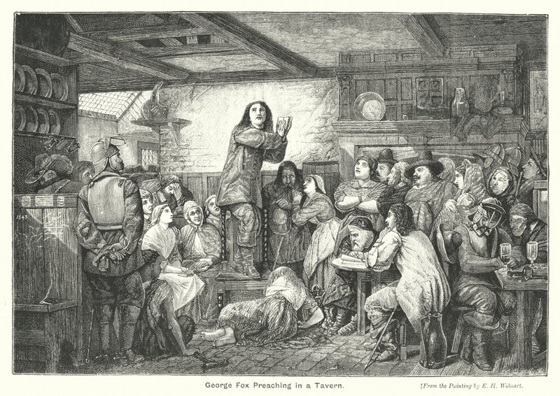 George Fox prædiker i et værtshus (gravering) af Edward Henry (after) Wehnert