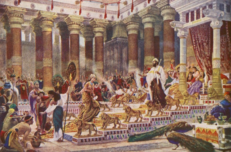 Dronningen af Sabas besøg hos kong Salomon (farvelitografi) af Edward John (after) Poynter
