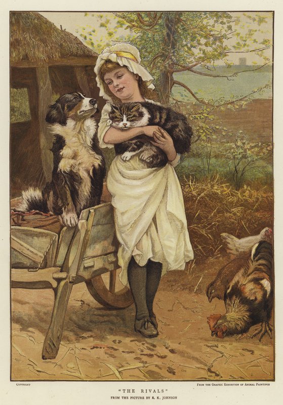 En ung pige holder en kat i armene sammen med en hund (farve litho) af Edward Killingworth Johnson
