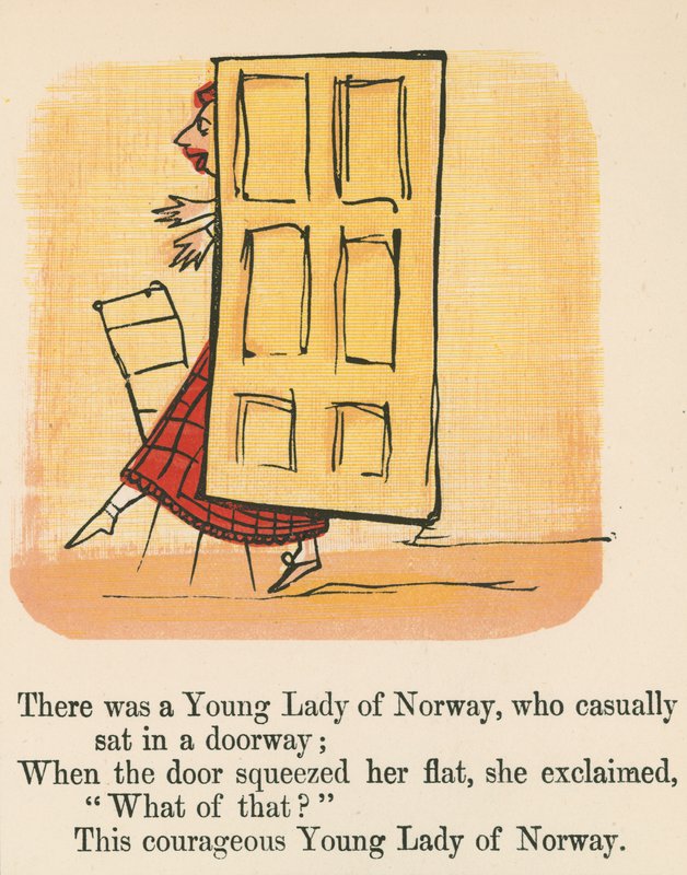 Der var en ung dame af Norge, som afslappet sad i en døråbning, fra 