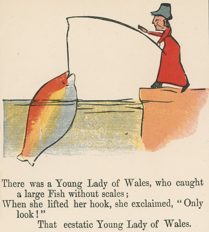 Der var en ung dame fra Wales, som fangede en stor fisk uden skæl fra 