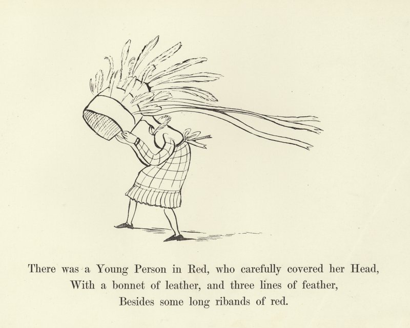 Der var en ung person i rødt, som omhyggeligt dækkede hendes hoved af Edward Lear