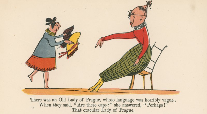 Der var en gammel dame fra Prag, hvis sprog var forfærdelig vagt, fra "A Book of Nonsense", udgivet af Frederick Warne and Co. i London, ca. 1875 af Edward Lear