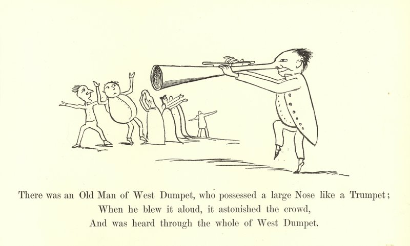 Der var en gammel mand fra West Dumpet, som havde en stor næse som en trompet af Edward Lear
