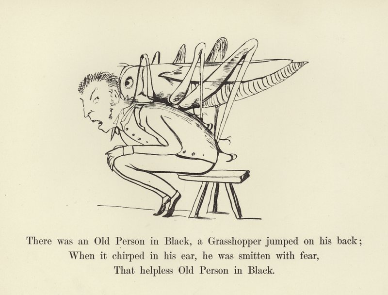 Der var en gammel person i sort, en græshoppe hoppede på ryggen af Edward Lear