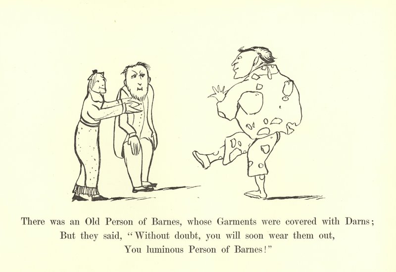 Der var en gammel mand fra Barnes, hvis klæder var dækket af garn. af Edward Lear