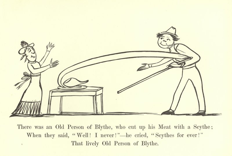 Der var en gammel mand fra Blythe, som skar sit kød op med en le af Edward Lear