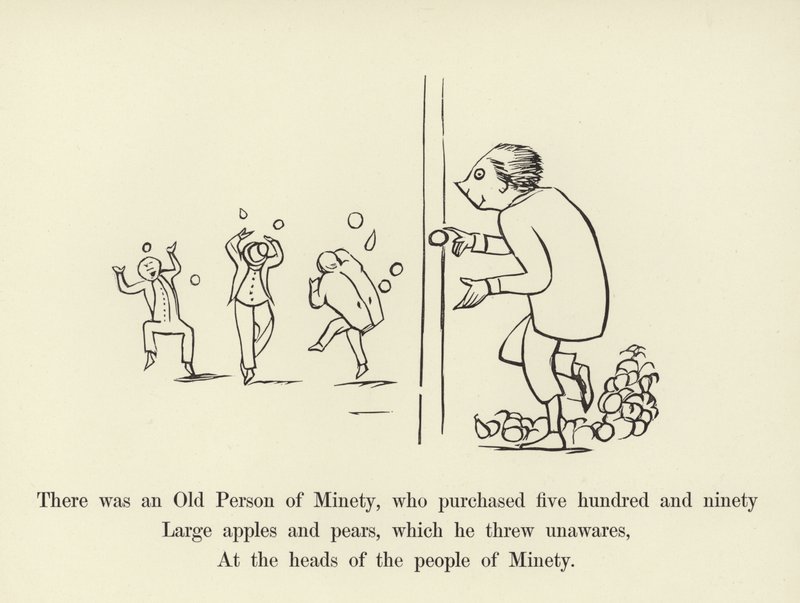 Der var en gammel minitetsmand, som købte fem hundrede og halvfems store æbler og pærer af Edward Lear