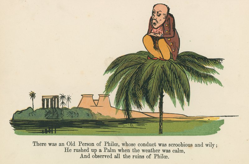 Der var en gammel person fra Philae, hvis opførsel var skroobisk og snu, fra "A Book of Nonsense", udgivet af Frederick Warne and Co. i London, ca. 1875. af Edward Lear