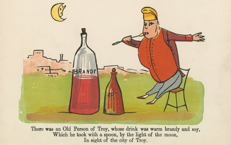 Der var en gammel person fra Troy, hvis drink var varm brandy og soja, fra 