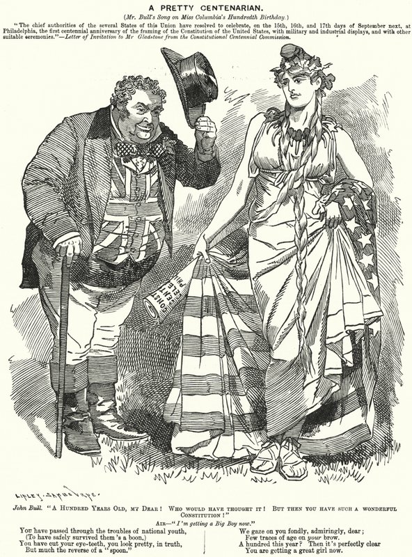 Punch tegneserie: A Pretty Centenarian - hundredåret for udarbejdelsen af den amerikanske forfatning (gravering) af Edward Linley (after) Sambourne