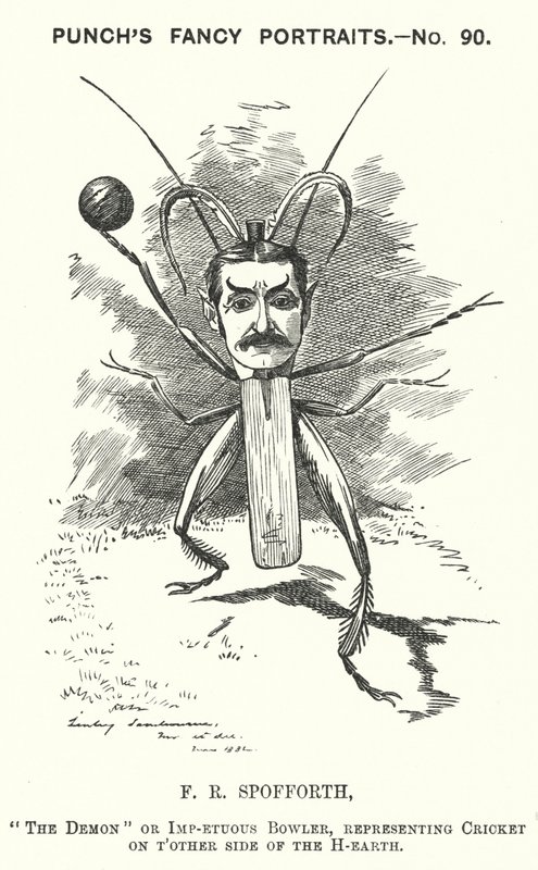 Punch tegnefilm: Fred Spofforth, australsk cricketspiller (gravering) af Edward Linley (after) Sambourne