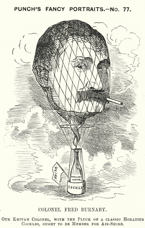 Punch tegneserie: Frederick Burnaby, efterretningsofficer og ballonist i den britiske hær (gravering) af Edward Linley (after) Sambourne
