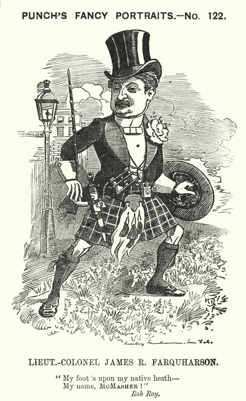 Punch tegnefilm: James Ross Farquharson, skotsk soldat (gravering) af Edward Linley (after) Sambourne