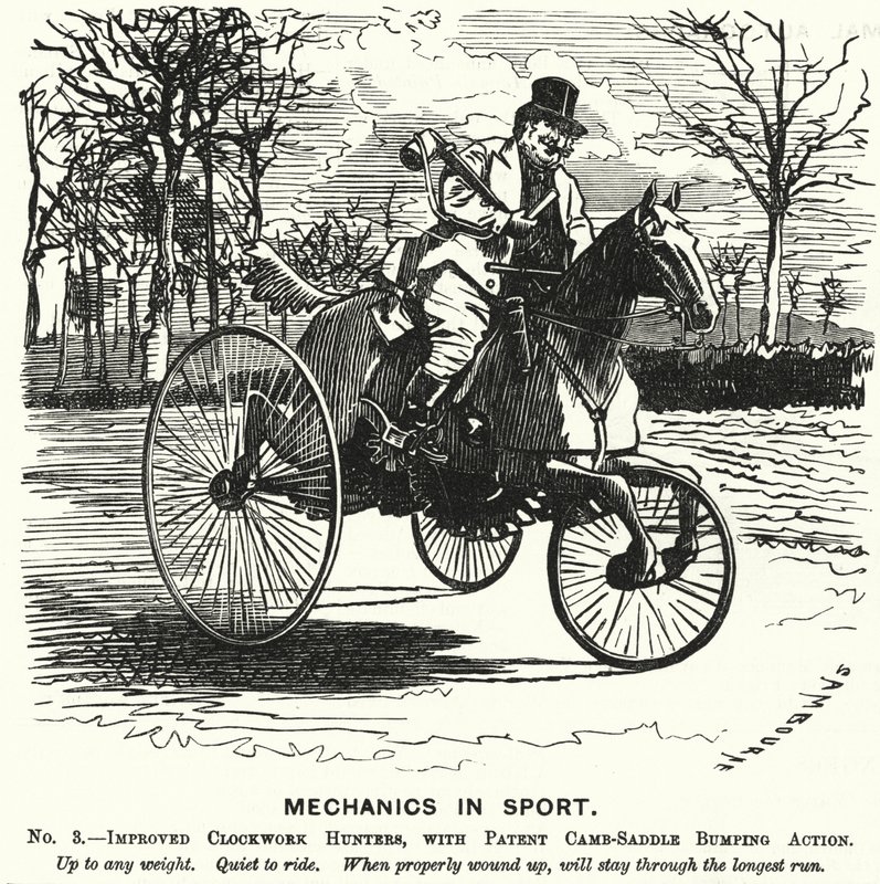 Punch tegnefilm: Mechanics in Sport. Nr. 3. - Forbedrede Clockwork Hunters, med Patent Camb-Saddle Bumping Action (gravering) af Edward Linley (after) Sambourne