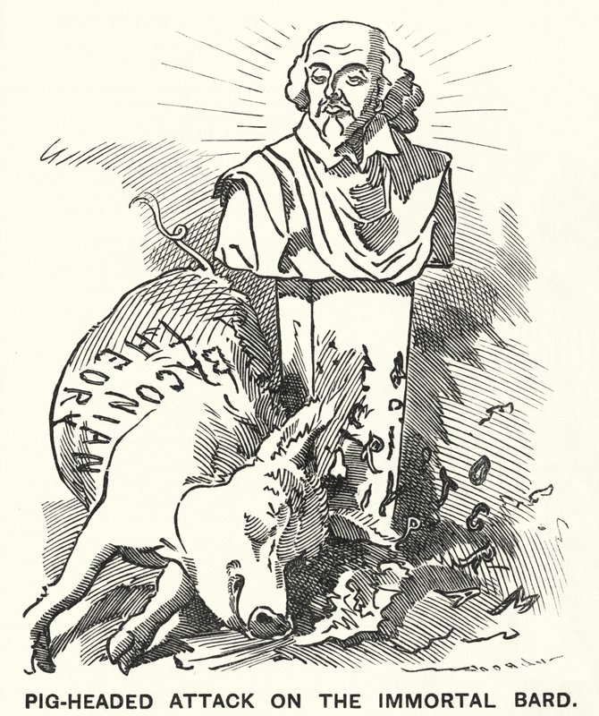 Punch tegneserie: Pig-headed Attack on the Immortal Bard - teorien om, at William Shakespeares skuespil faktisk blev skrevet af Sir Francis Bacon (gravering) af Edward Linley (after) Sambourne