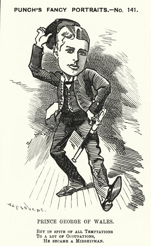 Punch tegneserie: Prins George af Wales, den fremtidige kong George V, som midtskibsmand i Royal Navy (gravering) af Edward Linley (after) Sambourne