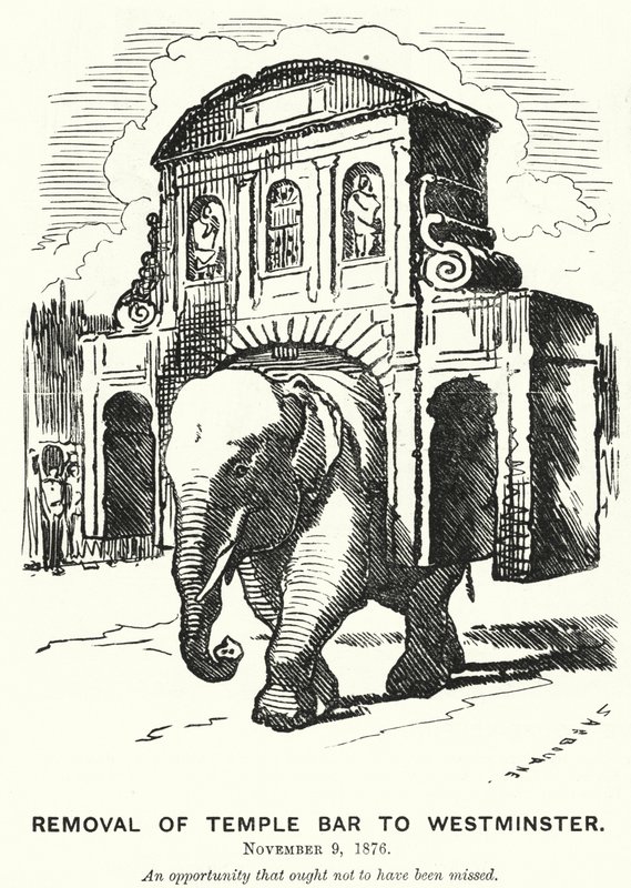Punch tegneserie: Fjernelse af Temple Bar til Westminster (gravering) af Edward Linley (after) Sambourne
