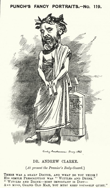 Punch tegnefilm: Sir Andrew Clarke, britisk læge, læge til William Ewart Gladstone (gravering) af Edward Linley (after) Sambourne