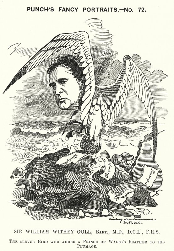 Punch tegneserie: Sir William Withey Gull, engelsk læge, der behandlede prinsen af Wales for tyfus og blev almindelig læge for dronning Victoria (gravering) af Edward Linley (after) Sambourne