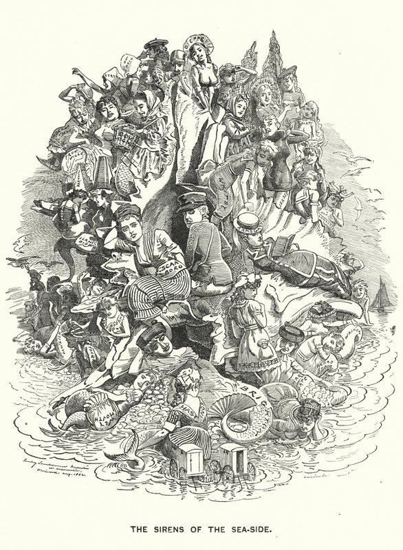 Punch tegneserie: The Sirens of the Sea-Side - britiske kystferiesteder (gravering) af Edward Linley (after) Sambourne