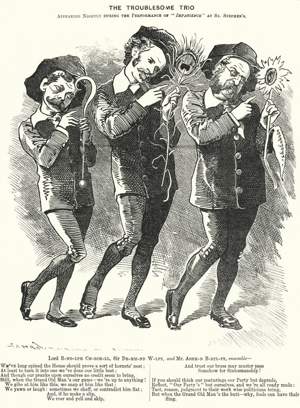 Punch tegnefilm: The Troublesome Trio: Lord Randolph Churchill, Henry Drummond Wolff og Ellis Ashmead-Bartlett, britiske konservative politikere (gravering) af Edward Linley (after) Sambourne