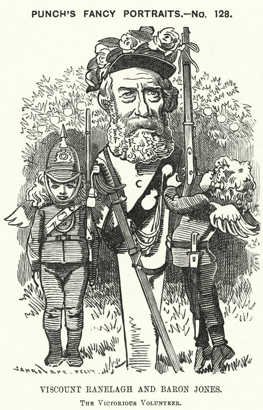Punch tegneserie: Thomas Heron Jones, 7. Viscount Ranelagh og Baron Jones af Navan, promotor for den frivillige bevægelse for den britiske hær (gravering) af Edward Linley (after) Sambourne