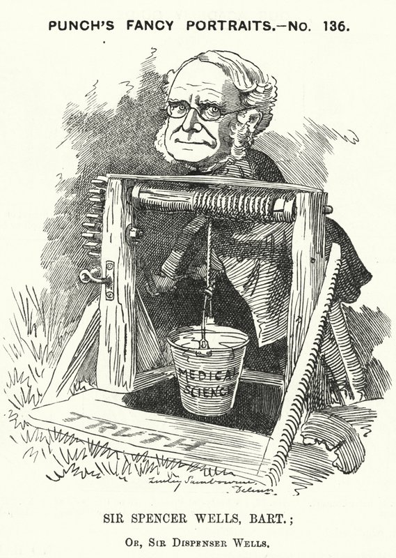 Punch tegnefilm: Thomas Spencer Wells, engelsk læge, kirurg for dronning Victoria (gravering) af Edward Linley (after) Sambourne