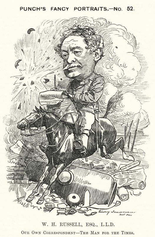 Punch tegnefilm: William Howard Russell, irsk journalist og krigskorrespondent (gravering) af Edward Linley (after) Sambourne