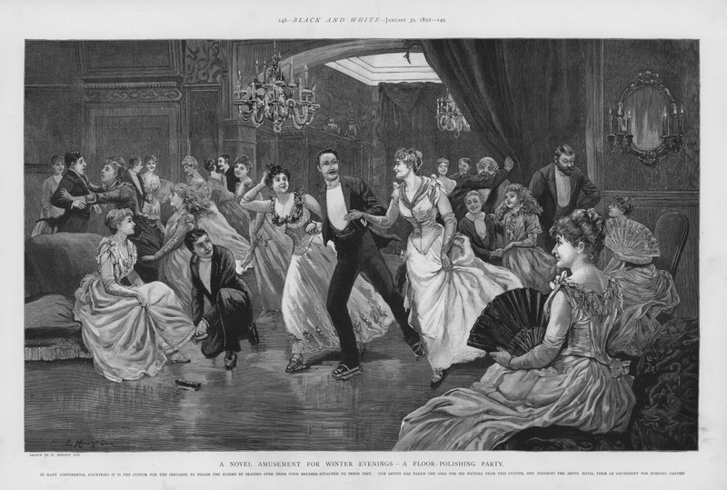 En ny forlystelse til vinteraftener - en gulvpoleringsfest (litho) af Edward Morant Cox