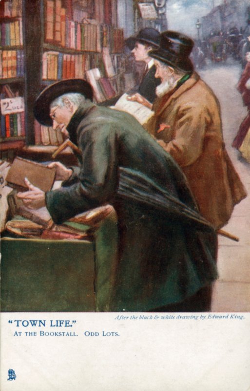 Byliv: kunder, der browser i en bogbod (farve litho) af Edward R. King