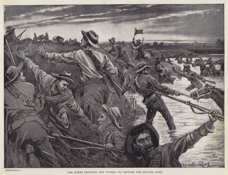 Boerne krydser Tugela for at erobre de britiske kanoner (litho) af Edward Read