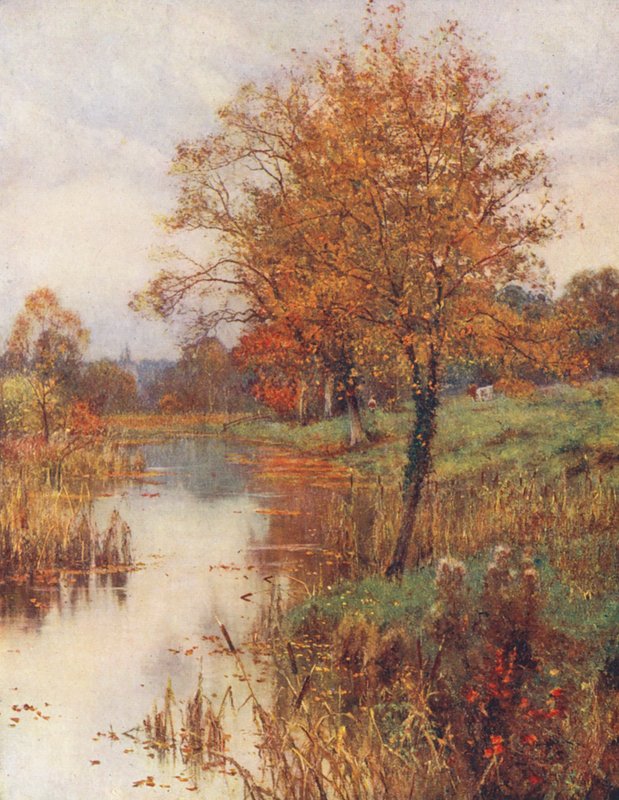 De døde blade falder blidt og sørgmodigt gennem den rolige, søde luft (farvelitografi) af Edward Wilkins Waite