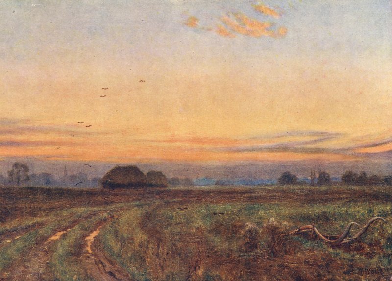 Solen går ned ... ... Jorden vender som et træt barn sit ansigt mod nattens skød (farvelitografi) af Edward Wilkins Waite