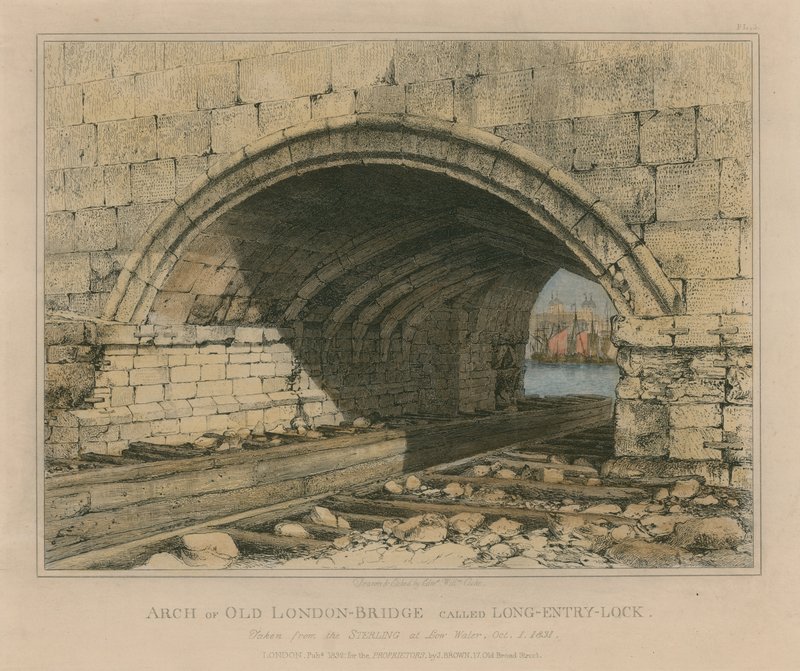 Bue af den gamle London Bridge kaldet Long Entry Lock af Edward William Cooke