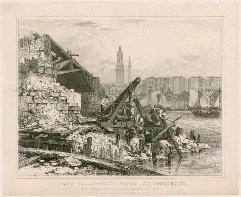 Nedrivning af en del af Old London Bridge. marts 1832 af Edward William Cooke