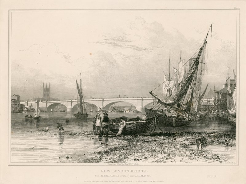 New London Bridge, fra Billingsgate (lavvande) tegnet 31. juli 1832 af Edward William Cooke