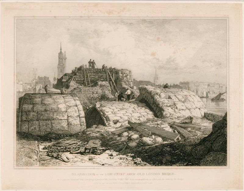 En del af Old London Bridge, som den så ud i juni 1832 af Edward William Cooke