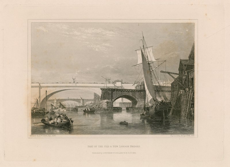 En del af de gamle og nye London Bridges. Tegnet 1832 af Edward William Cooke