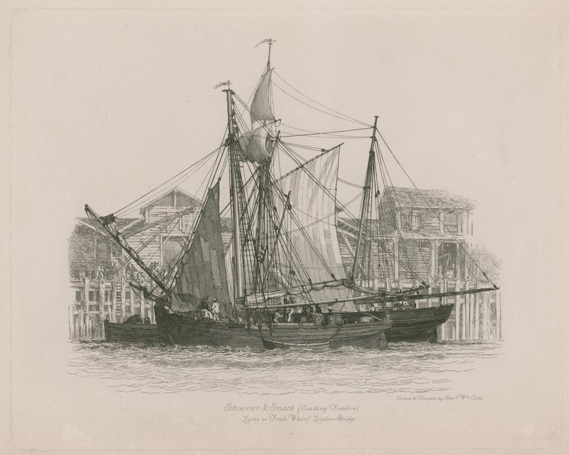 Schooner und Smack ligger ved Fresh Wharf af Edward William Cooke