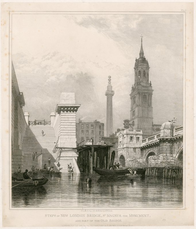 Trin fra New London Bridge, St. Magnus, monumentet og en del af den gamle bro af Edward William Cooke