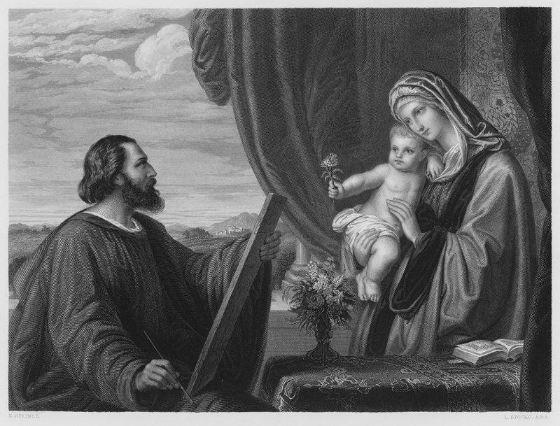 St. Lukas maler jomfruen, fra billedet i den kongelige samling (stik) af Edward von Steinle